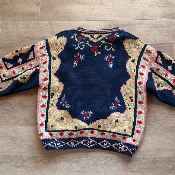 90s Together! Sweater Blue Yellow Knit Embroidered Button Up Cardigan - Picture 12 of 14